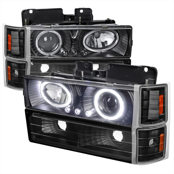 1994-1998 Chevrolet C/K 1500 2500/Tahoe Dual Halo Projector Headlights With Bumper and Corner Signal Lights (Matte Black Housing/Clear Lens)