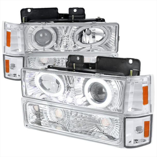 1994-1999 GMC C/K C10 Sierra Dual Halo Projector Headlights With Bumper and Corner Signal Lights (Chrome Housing/Clear Lens)