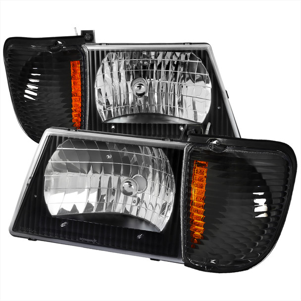 1992-2006 Ford Econoline E-Series Factory Style Headlights and Turn Signal Corner Lights (Matte Black Housing/Clear Lens)