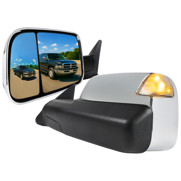 1998-2001 Dodge RAM 1500/1998-2002 RAM 2500/3500 Chrome Power Heated Towing Mirrors With Clear Lens LED Turn Signal