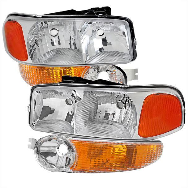 1999-2006 GMC Sierra 1500/2500/3500 Denali/2000-2006 Yukon/Yukon XL Denali Factory Style Headlights and Bumper Lights (Chrome Housing/Clear Lens)