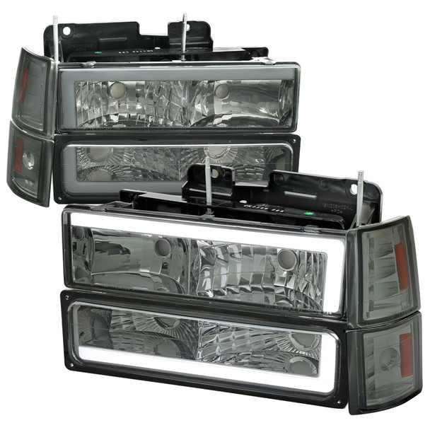 1994-1998 GMC C10 / C/K / Suburban / Sierra / Yukon  LED Bar Factory Style Headlights, Corner Lights, and Bumper Lights (Chrome Housing/Smoked Lens)