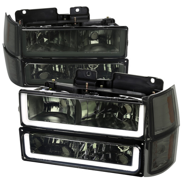 1994-1998 Chevrolet Silverado/Tahoe/Suburban/C10 Factory Style Headlights w/LED Strip and Bumper & Corner Lights (Chrome Housing/Smoked Lens)