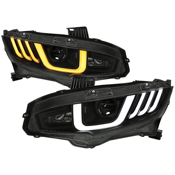 2016-2021 Honda Civic Factory Style LED Headlights w/ LED Switchback Sequential Turn Signal (Matte Black Housing/Smoke Lens)