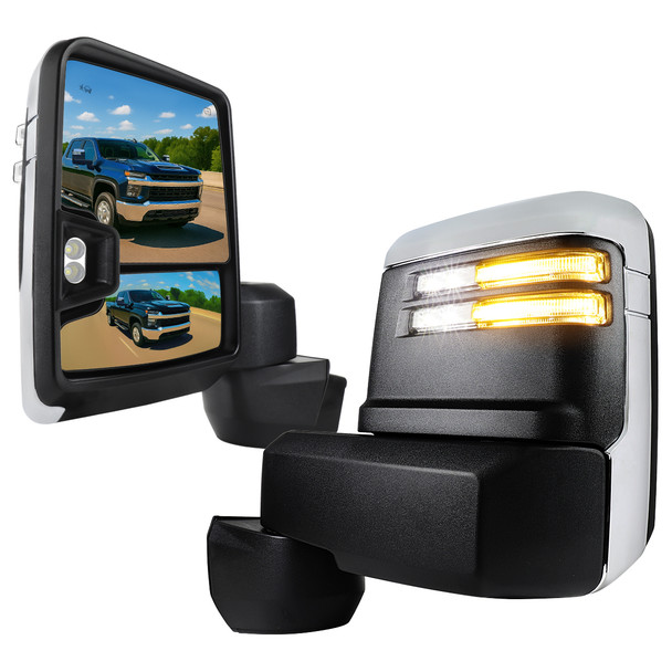 2020-2025 Chevrolet Silverado/GMC Sierra 2500HD/3500HD Power Adjustable, Heated, & Manual Extendable Chrome Towing Mirrors w/ Clear Lens LED Turn Signal & Clearance Lights