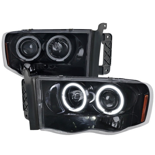 2002-2005 Dodge RAM 1500/ 2003-2005 RAM 2500 3500 Dual Halo Projector Headlights (Glossy Black Housing/Smoked Lens)