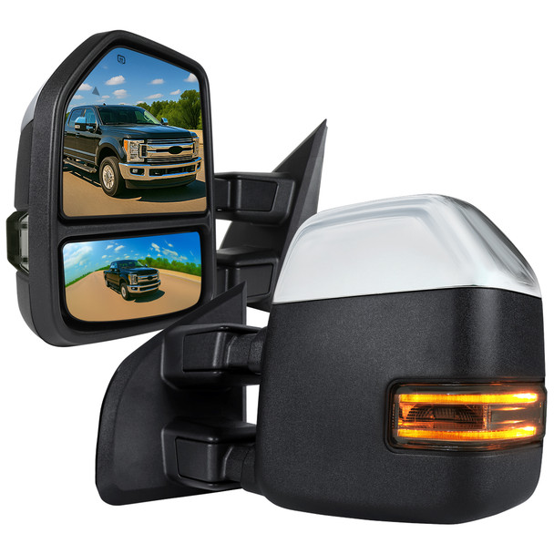 2017-2019 Ford F-250/F-350/F-450/F-550 Power Adjustable, Heated, BSM, ATS, & Manual Extendable Towing Mirrors w/ Smoked Lens LED Turn Signal, Clearance, & Auxiliary Lights