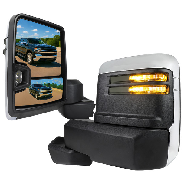 2019-2025 Chevrolet Silverado 1500 Power Adjustable, Heated, & Manual Extendable Chrome Towing Mirrors w/ Smoked Lens LED Turn Signal & Clearance Lights