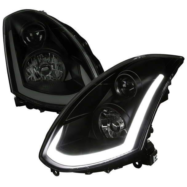 2003-2007 Infiniti G35 Coupe LED Bar Projector Headlights w/ Sequential Turn Signals (Black Housing/Smoked Lens)