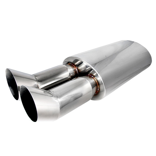Universal DTM Style 2.5" Inlet/3" Outlet Stainless Steel Exhaust Muffler w/ Dual Tips