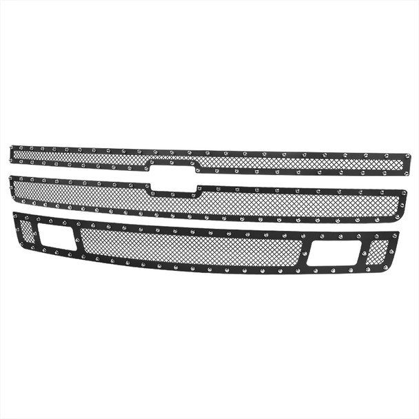 2007-2013 Chevrolet Silverado 1500/1500HD Rivet Style Black Stainless Steel 3PC Mesh Grille insert