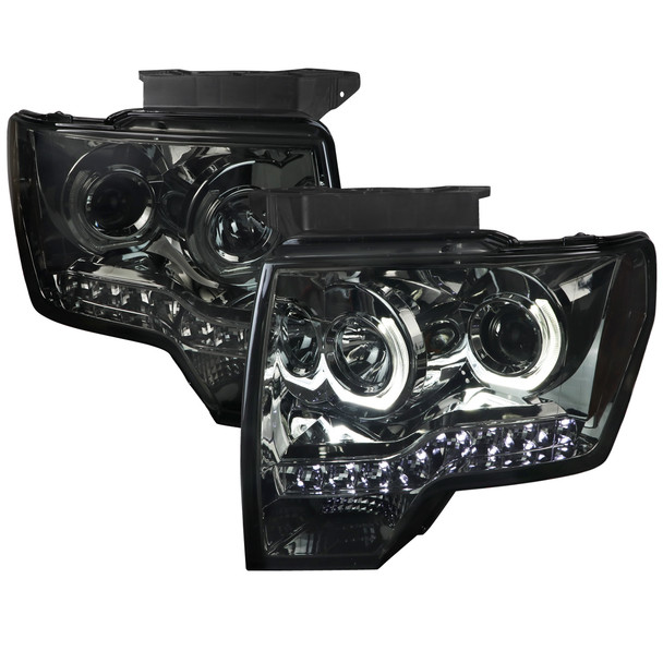 2009-2014 Ford F-150 Dual U-Ring Halo Projector Headlights w/ LED Light Strip (Chrome Housing/Smoked Lens)