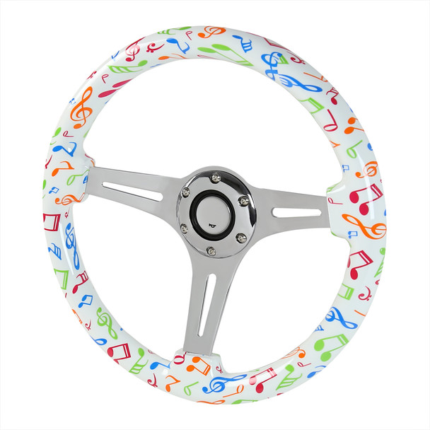 350mm 3-Spoke Musical Notes 2" Deep Dish Wooden Steering Wheel (Chrome)