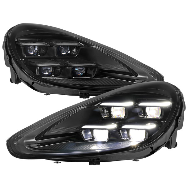 2015-2017 Porsche Cayenne 958.2 Matrix Style LED Projector Headlights w/ DRL for Dynamic Function  (Matte Black Housing / Glossy Black Accents / Clear Lens)