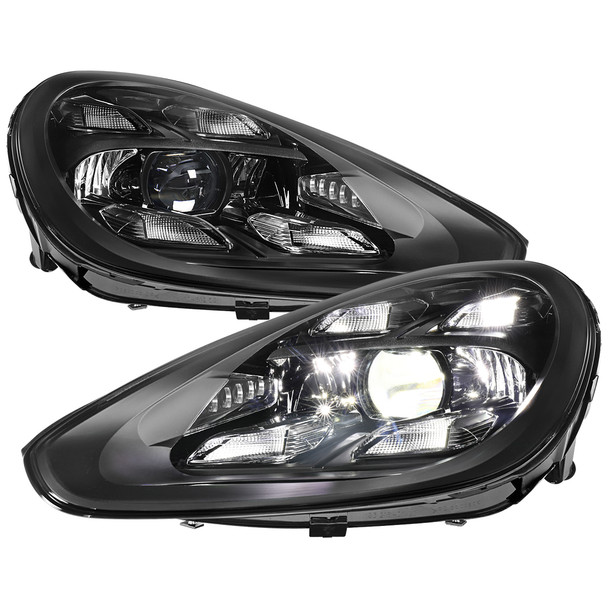 2015-2017 Porsche Cayenne 958.2 LED Projector Headlights w/ DRL for non-Dynamic Function  (Matte Black Housing / Glossy Black Accents / Clear Lens)