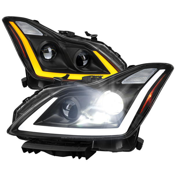 2008-2013 Infiniti G37/2014-2015 Q60 Coupe/Convertible Sequential Switchback LED Turn Signal Full LED Projector Headlights (Matte Black Housing / Clear Lens)