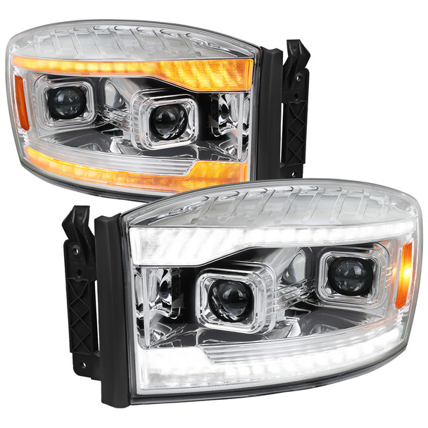 2006–2008 Dodge RAM 1500 / 2006–2009 RAM 2500 3500 Projector Headlights with Switchback LED Strips, Sequential Turn Signals, DRL & Startup Animations (Chrome Housing / Clear Lens)