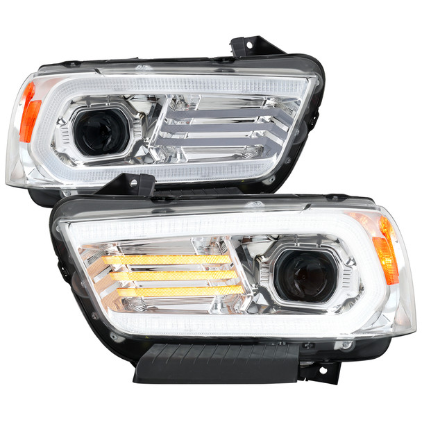 2011-2014 Dodge Charger Projector Headlights w/ LED DRL Light Strip Sequential Turn Signal and Side Marker  (Chrome Housing / Clear Lens)