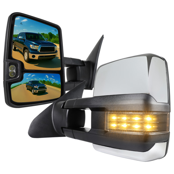 2007-2017 Toyota Tundra/ 2008-2017 Sequoia Chrome Power Heated BSM Manual Extendable Towing Mirrors w/ Smoked Lens LED Turn Signal & Clearance Lights