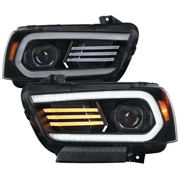 2011-2014 Dodge Charger HID Projector Headlights w/ LED DRL Light Strip Sequential Turn Signal and Side Marker  (Black Housing / Clear Lens)