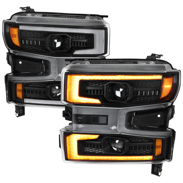 2019-2021 Chevrolet Silverado 1500 LED DRL Projector Headlights with Switchback Sequential LED Turn Signal (Black Housing / Clear Lens)