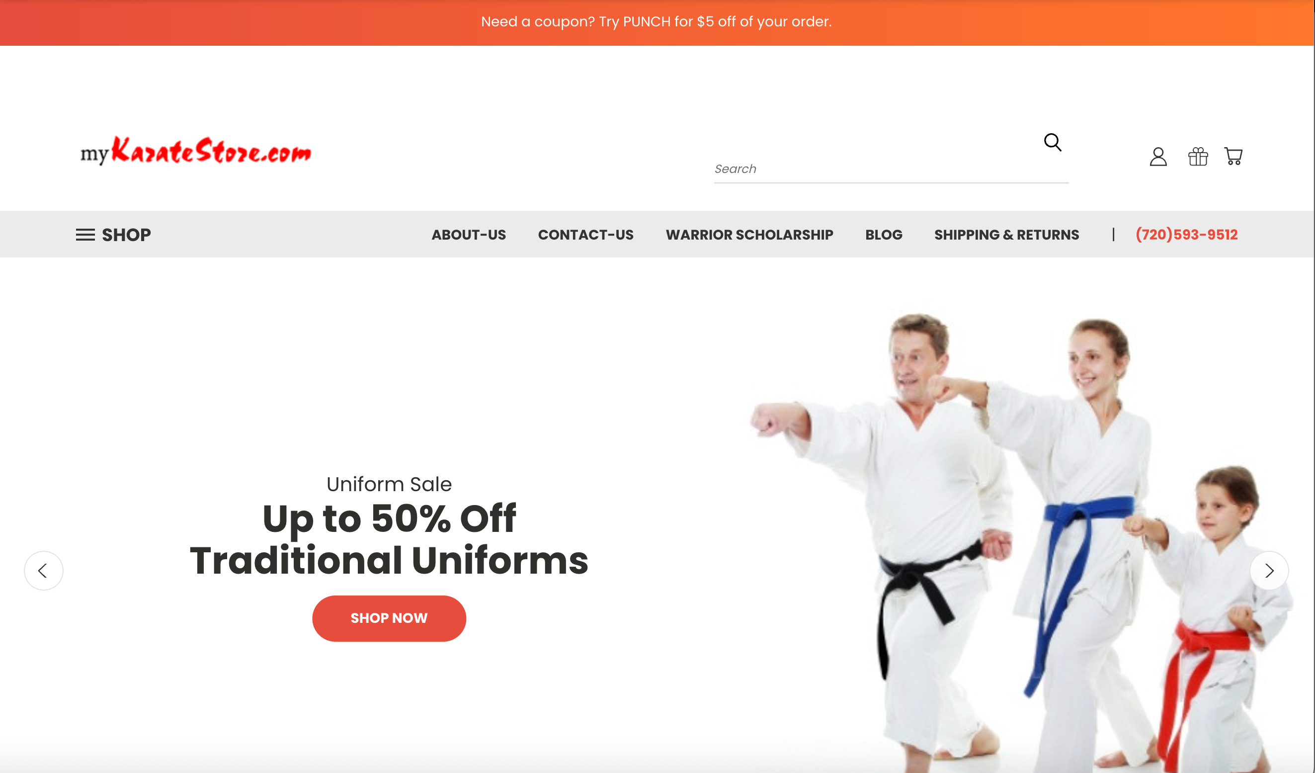 Screenshot of Homepage banner for myKarateStore.com showing a family in traditional karate uniforms performing kicks alongside a promotion for up to 50% off traditional uniforms