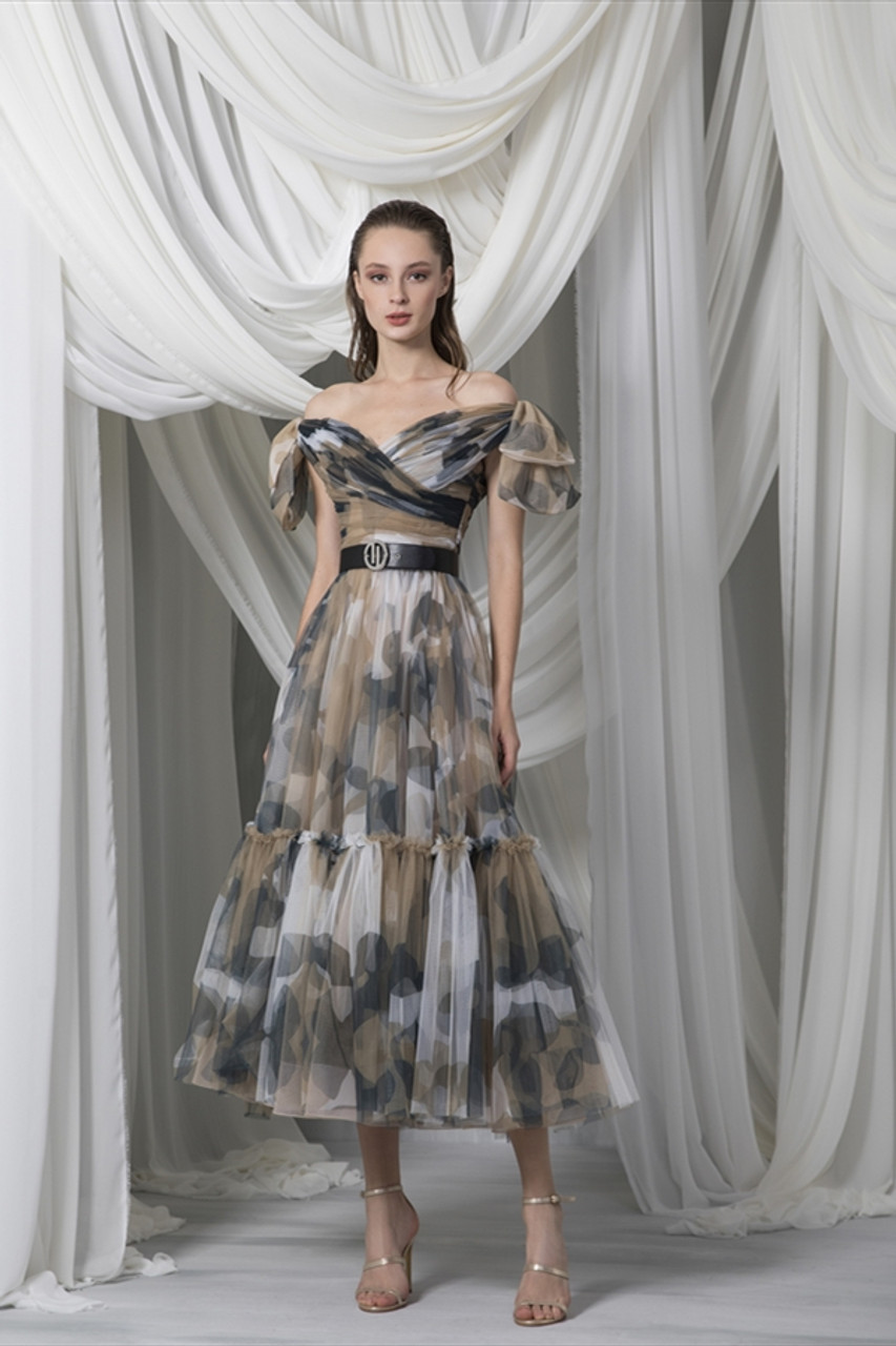 Tony Ward Look 20: Midi A-Lined Off-Shoulder Dress - Vivaldi