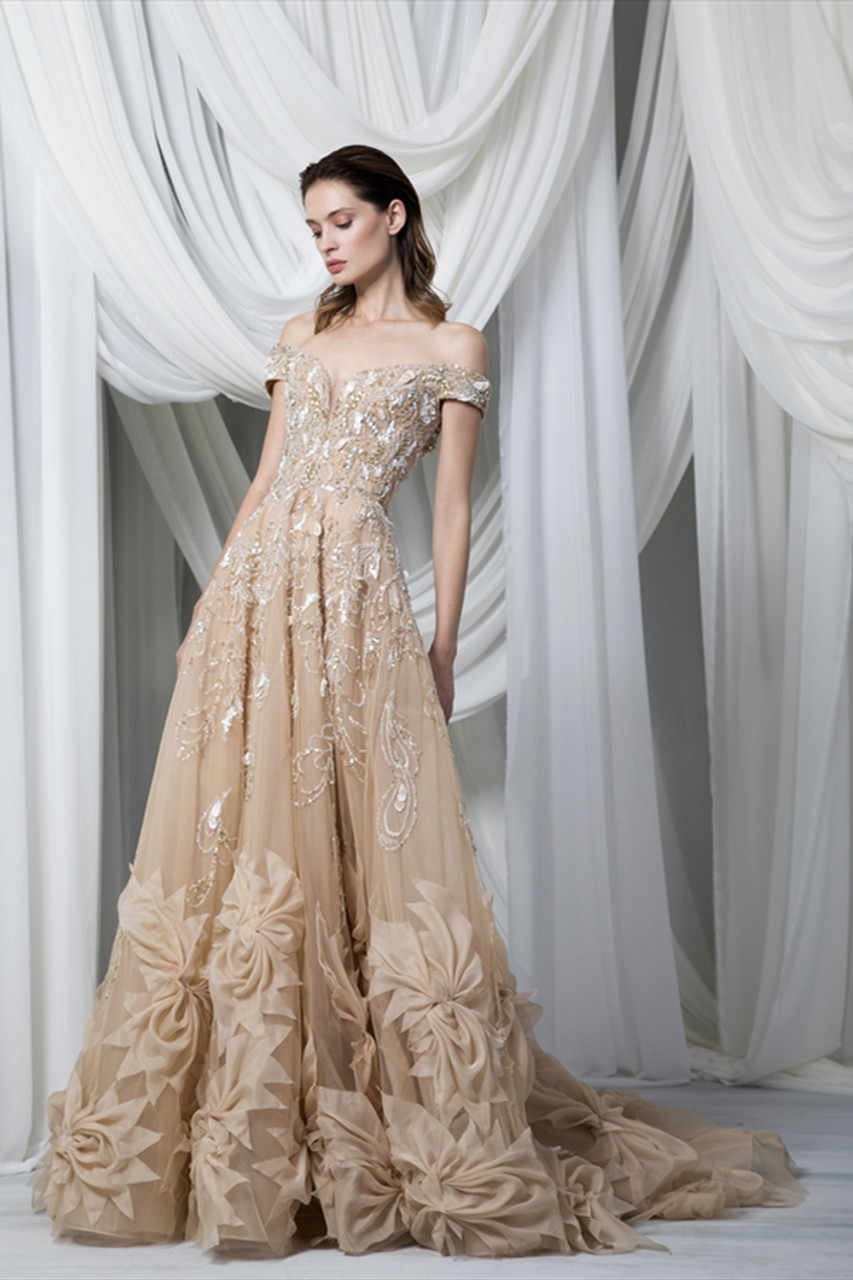 Tony Ward Look 12: Off-Shoulder Golden Gown - Vivaldi Boutique