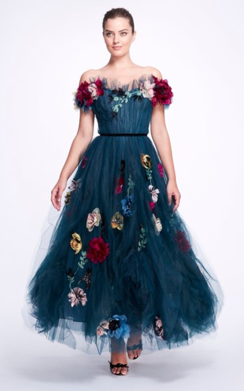 Marchesa Floral-Embroidered Tulle Gown - Vivaldi Boutique