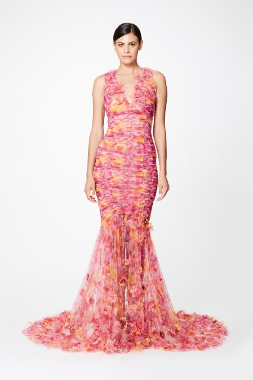 Pamella Roland Rosé Multi Printed Tulle Gown with 3D Flowers