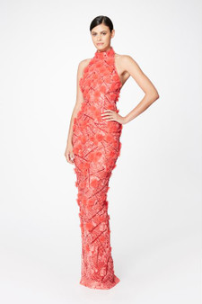 Pamella Roland Coral Multi 3D Tulle and Sequin Embroidered Lace Halter Gown