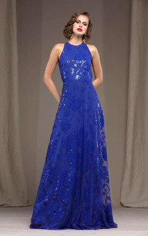 Naeem Khan Blue Floral Embroidered Gown