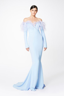 Pamella Roland Powder Blue Stretch Crepe Off The Shoulder Gown