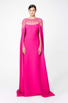 Pamella Roland Fuchsia Stretch Crepe Caped Gown with Pearl and Floral Sequin Embroidered Neckline