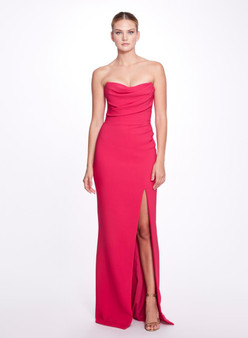 Marchesa Strapless Sculptural Draped Crepe Column Gown With Slit