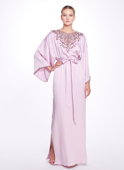Marchesa Satin Crepe Caftan with Multicolor Crystal Neckline