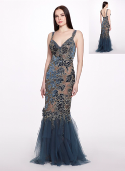 Marchesa Deep V-Neck Embroidered Velvet A-Line Gown