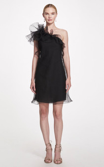 Marchesa Spring 2023 Black One-Shoulder Organza Mini-Dress