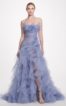 Marchesa Spring 2023  Blue Ruffled Organza Ball Gown