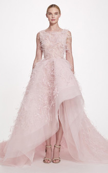 Marchesa Spring 2023  Pink Feather Embellished High Low Tulle Ball Gown