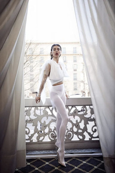 Yolan Cris White Blouse With Shoulder Ties and Embroidered Tulle Sleeves