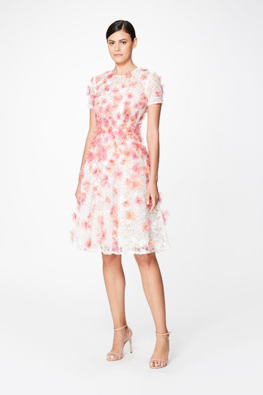Pamella Roland White Multi Lace Cocktail with Printed Tulle Flowers