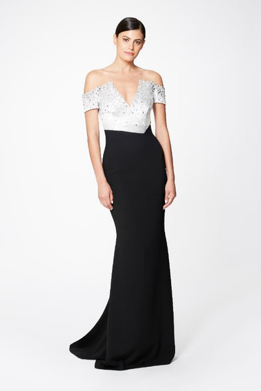 Pamella Roland Silver/Black Stretch Crepe Off the Shoulder Gown w/ Satin Beaded Bodice
