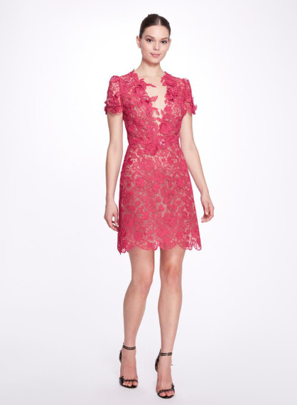 Marchesa Deep V-Neckline Guipure Lace Mini Cocktail Dress Marchesa Deep V-Neckline Guipure Lace Mini Cocktail Dress
