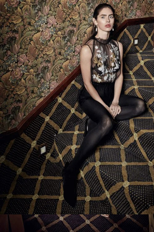 Yolan Cris Black Blouse With White and Gold Flower Embroidery