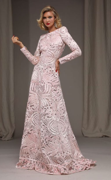 Naeem Khan Ribbon Embroidered Long Sleeve Gown