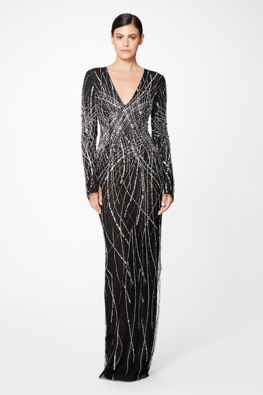 Pamella Roland Black/Silver Swirling Sequin and Crystal 