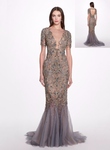 Marchesa Crystal and Chain Embroidered Tulle Gown - Vivaldi