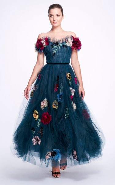 Marchesa Floral-Embroidered Tulle Gown