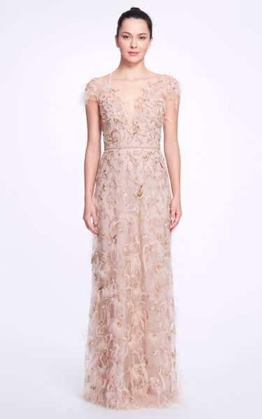 Marchesa Feather-Embellished Tulle Gown